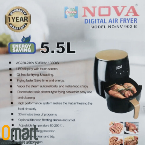 NOVA Digital Air Fryer NV-902 B with 5.5L Capacity, 1600W Power, and LED Touchscreen at OMART