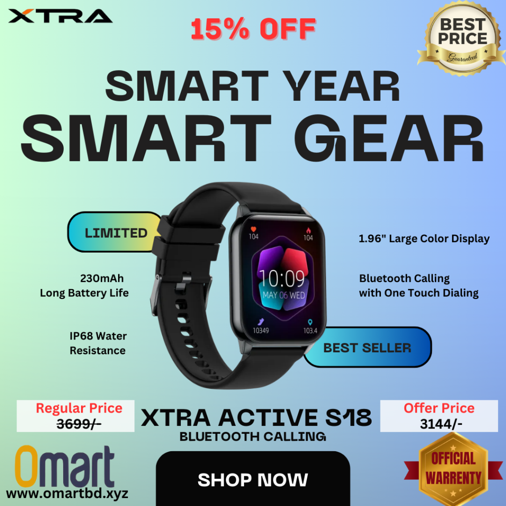 "XTRA Active S18 Smartwatch, 1.96-inch HD display, IP68 waterproof, with voice calling and health monitoring features, available in blue, black, and gray – OMART."