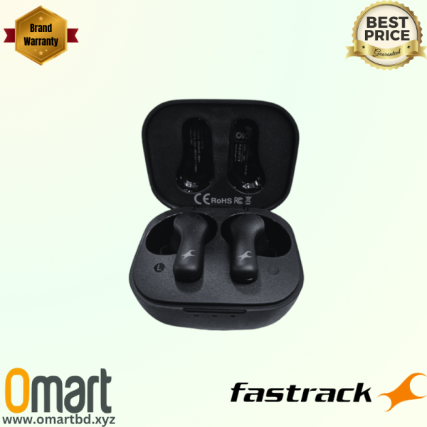 Fastrack FPods FZ100 TWS Earbuds in black, displayed with their charging dock.