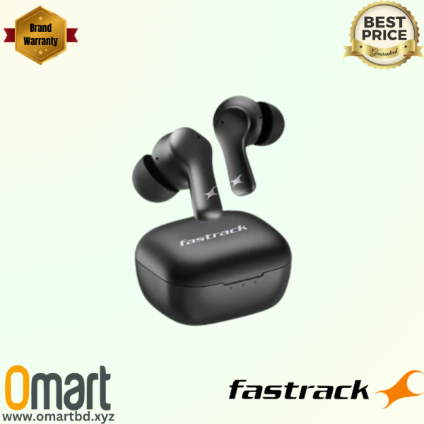 Fastrack FPods FZ100 TWS Earbuds in black, displayed with their charging dock.