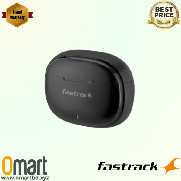 Fastrack FPods FZ100 TWS Earbuds in black, displayed with their charging dock.