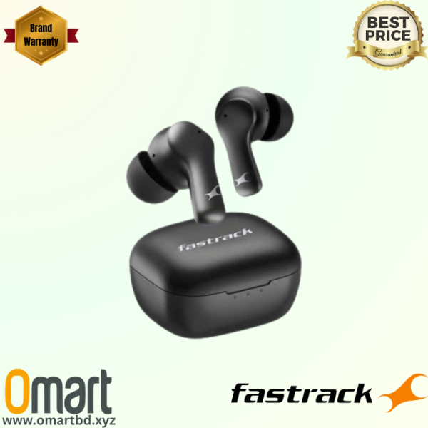 Fastrack FPods FZ100 TWS Earbuds in black, displayed with their charging dock.